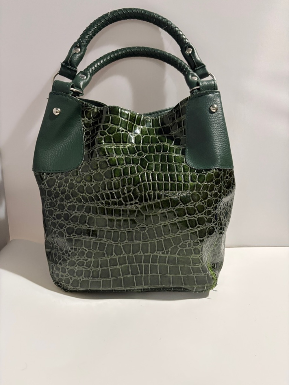 Essence of Beauty Green Croc-Embossed Tote Bag with Braided Handles